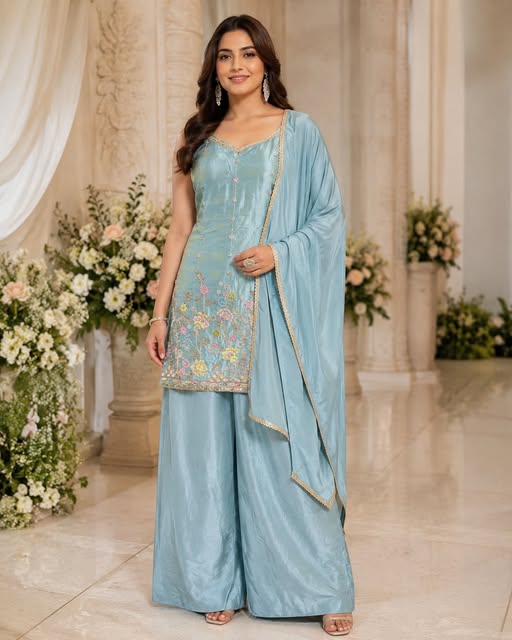 Powder blue ethnic outfit with wide-leg trousers and matching dupatta