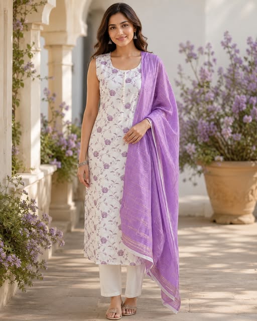 White floral kurta and trousers with a purple dupatta