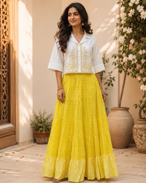 White embroidered top with a yellow skirt from our collection